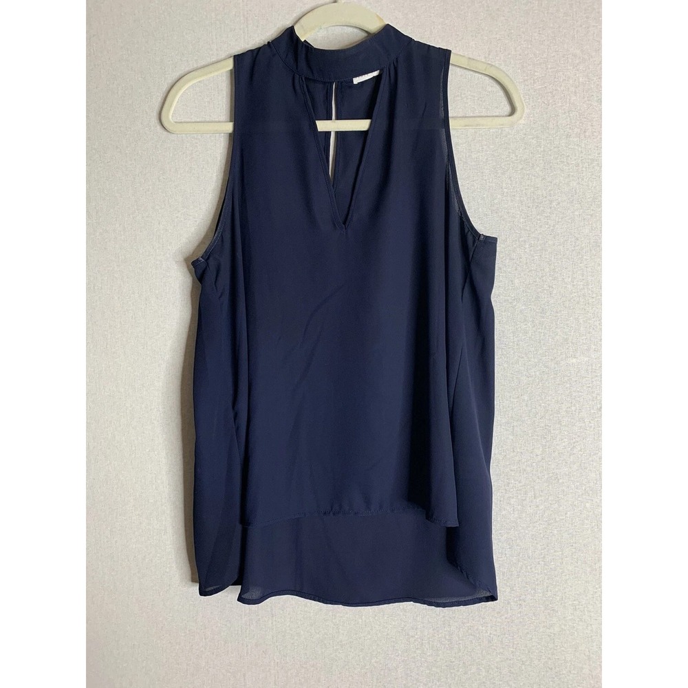 Three Eighty Two Sleeveless Top Womens S Navy Blue Mock Neck Chiffon Layering